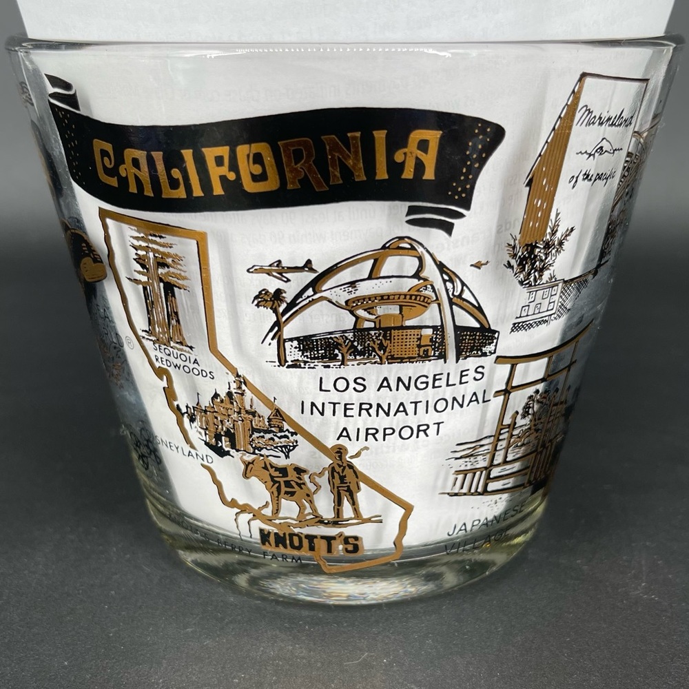 MCM Vintage California Souvenir Glass Ice Bucket With 13 California Attractions